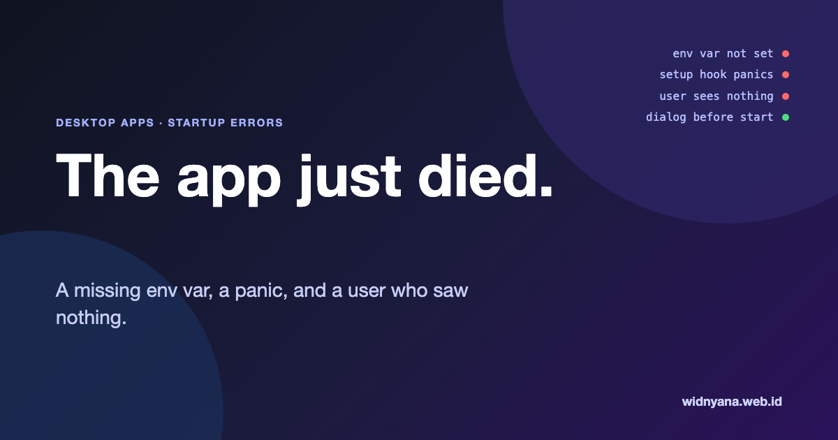 The words 'The app just died' above a list of startup steps that fail silently and one that shows a dialog